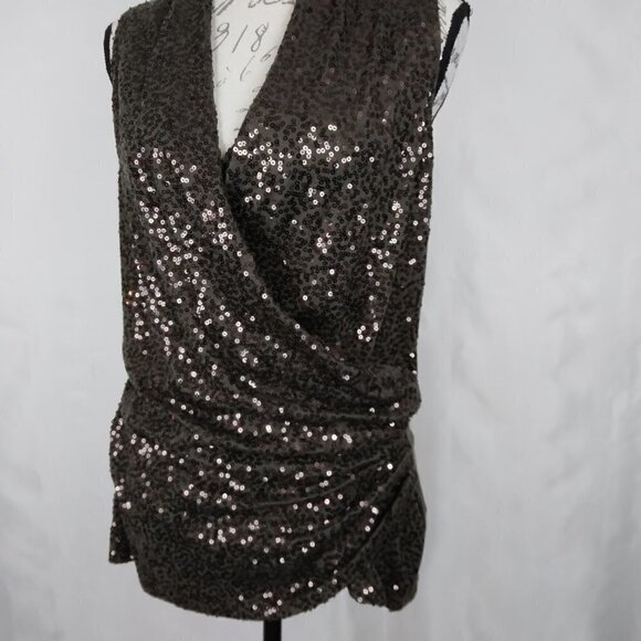 Karen Kane | Brown Sequin Wrap Front Sleeveless Knit Stretch Top | Size M - Picture 2 of 7